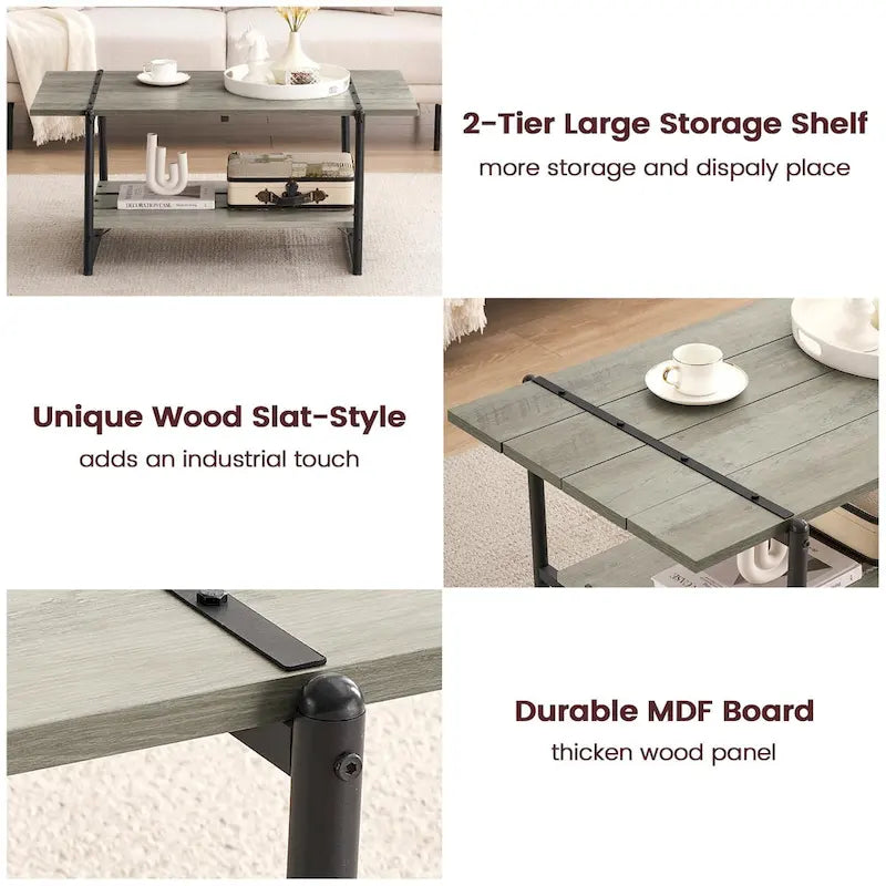 Gray Wood Coffee Table with Storage Shelf - 2-Tier Design