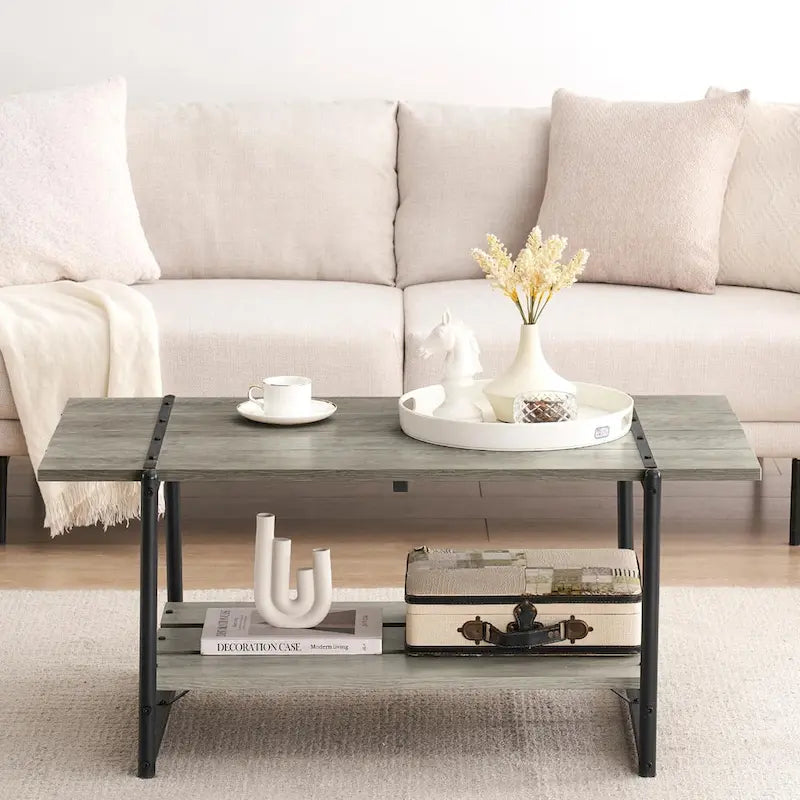 Gray Wood Coffee Table with Storage Shelf - 2-Tier Design