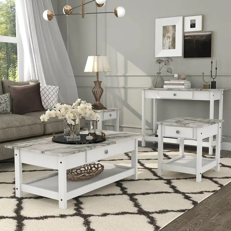 DH BASIC Transitional Rubberwood 4-Piece Open-Shelf Coffee Table Set with Drawer by Denhour