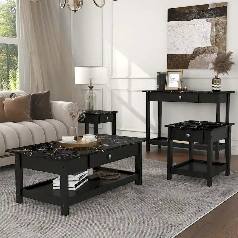 DH BASIC Transitional Rubberwood 4-Piece Open-Shelf Coffee Table Set with Drawer by Denhour