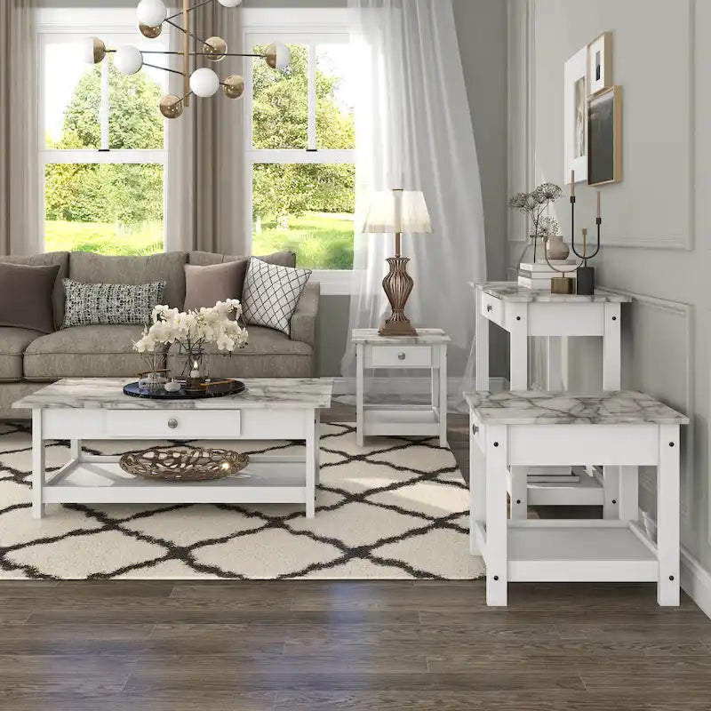 DH BASIC Transitional Rubberwood 4-Piece Open-Shelf Coffee Table Set with Drawer by Denhour