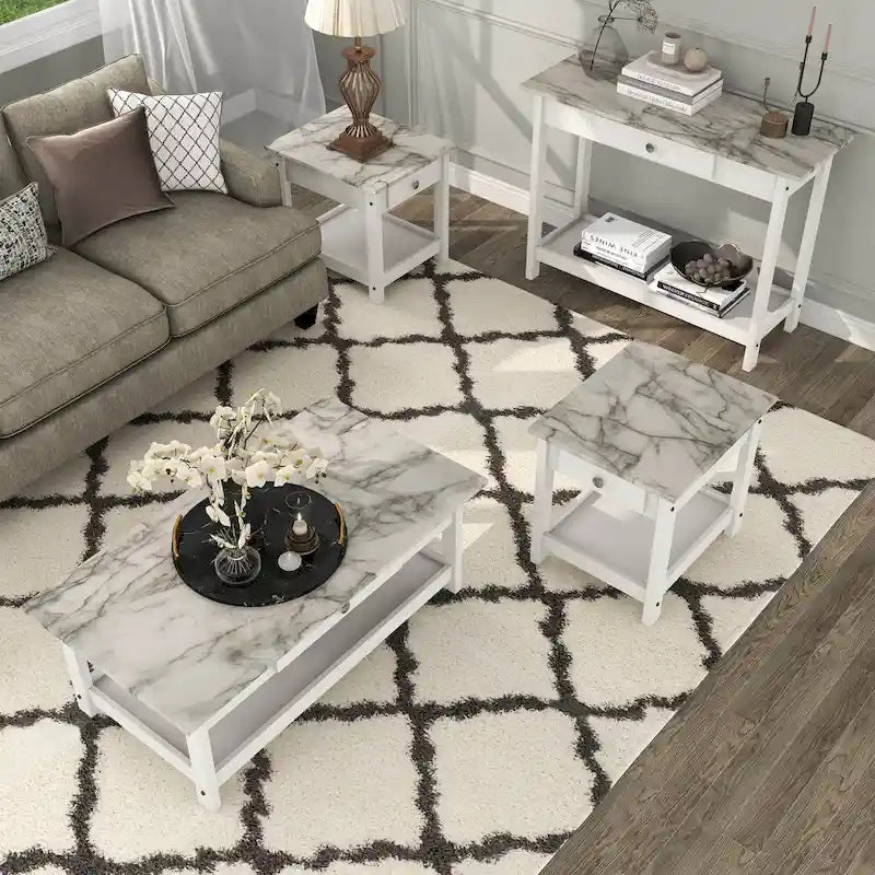 DH BASIC Transitional Rubberwood 4-Piece Open-Shelf Coffee Table Set with Drawer by Denhour