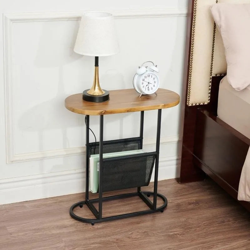 Oval Narrow Side Table Set of 2 End Tables with Organizer Storage