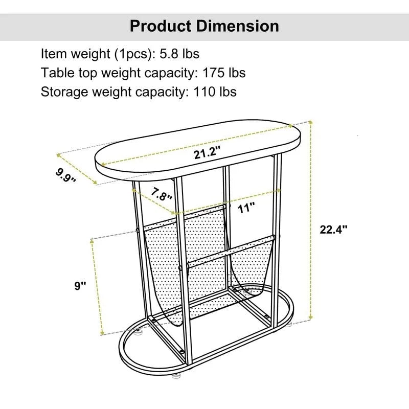 Oval Narrow Side Table Set of 2 End Tables with Organizer Storage