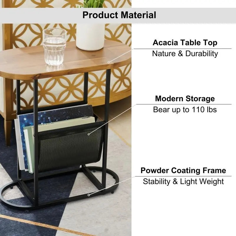 Oval Narrow Side Table Set of 2 End Tables with Organizer Storage