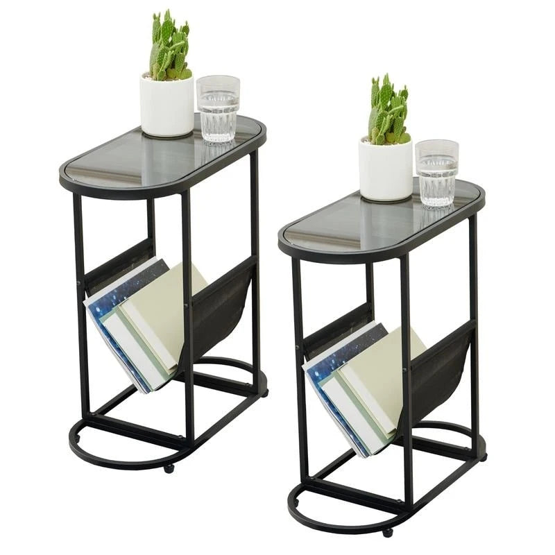 Oval Narrow Side Table Set of 2 End Tables with Organizer Storage