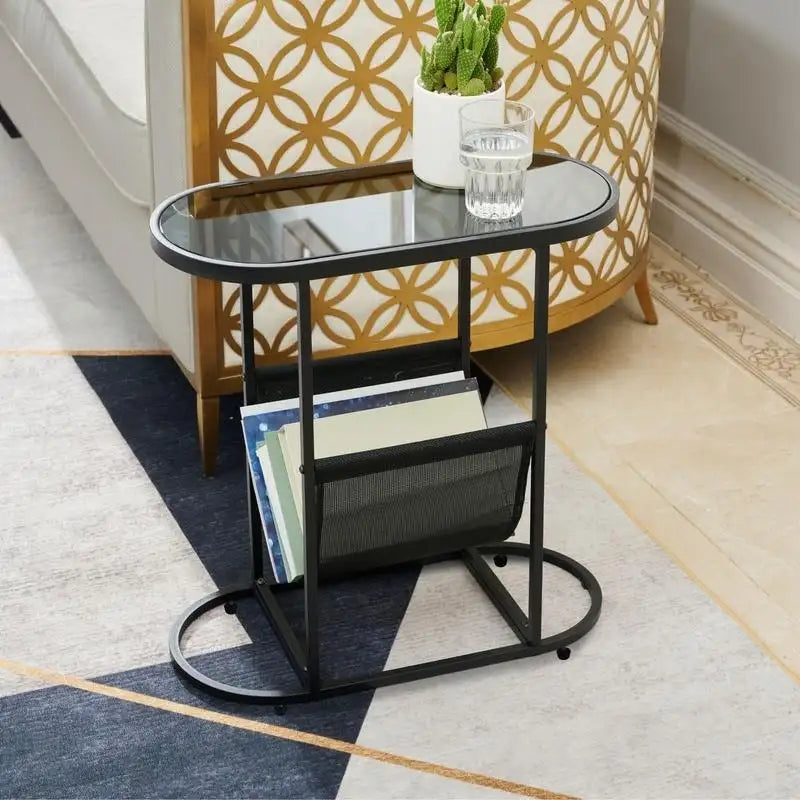 Oval Narrow Side Table Set of 2 End Tables with Organizer Storage