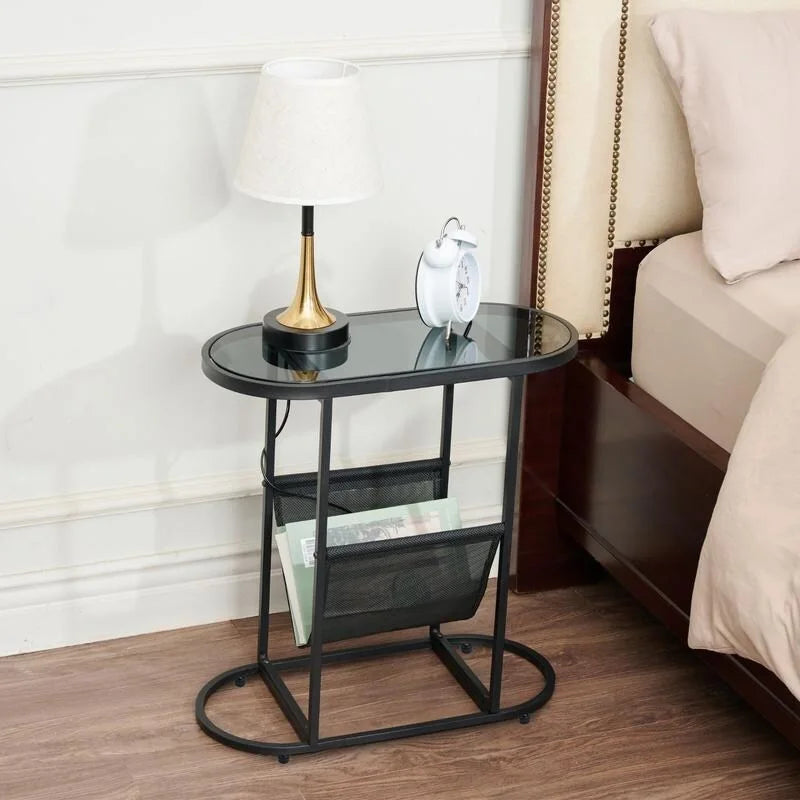 Oval Narrow Side Table Set of 2 End Tables with Organizer Storage