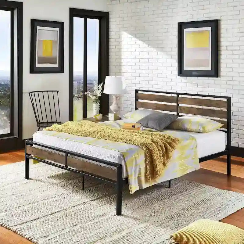 Black Metal Platform Bed with Wood Panels - Low Profile Design