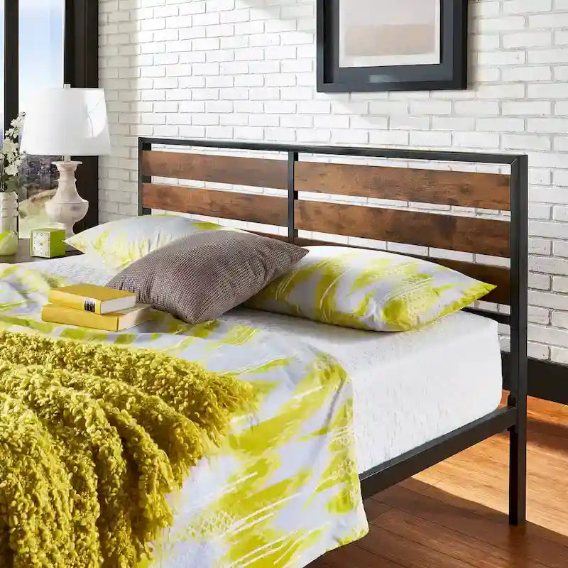 Black Metal Platform Bed with Wood Panels - Low Profile Design
