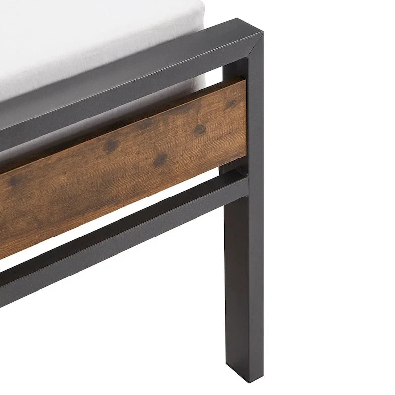 Black Metal Platform Bed with Wood Panels - Low Profile Design