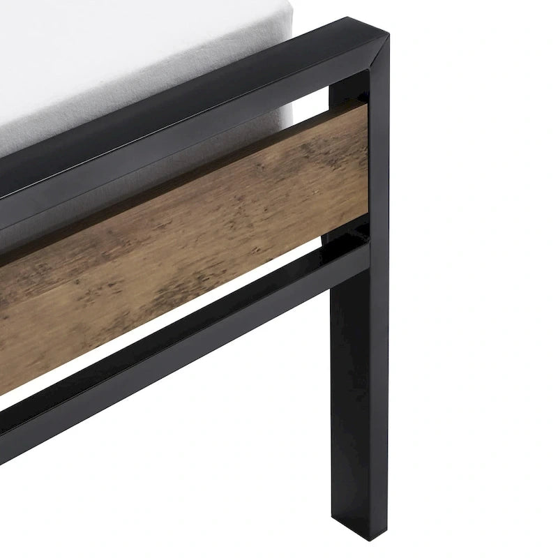 Black Metal Platform Bed with Wood Panels - Low Profile Design