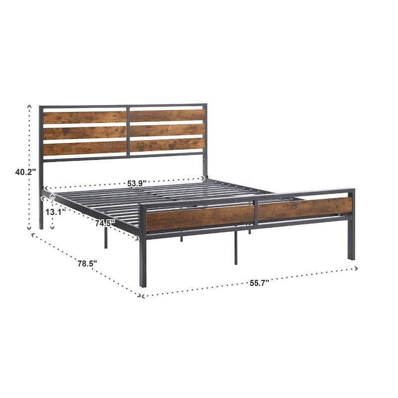 Black Metal Platform Bed with Wood Panels - Low Profile Design