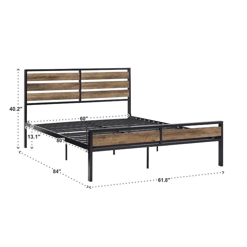 Black Metal Platform Bed with Wood Panels - Low Profile Design