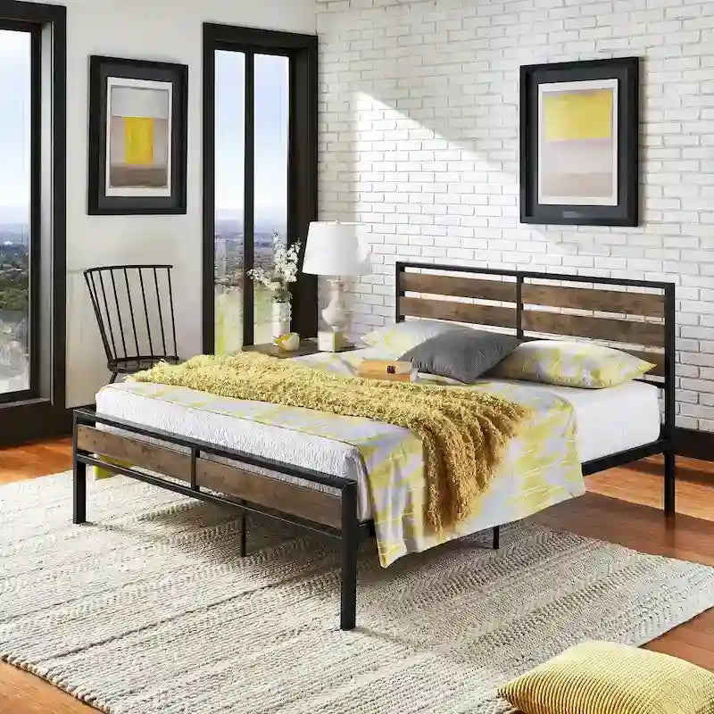 Black Metal Platform Bed with Wood Panels - Low Profile Design