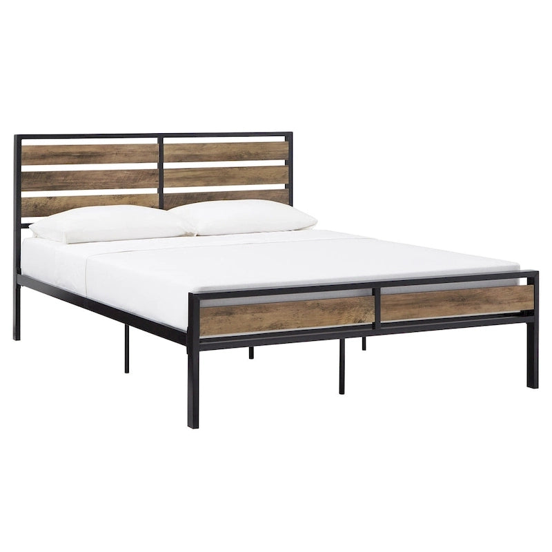 Black Metal Platform Bed with Wood Panels - Low Profile Design