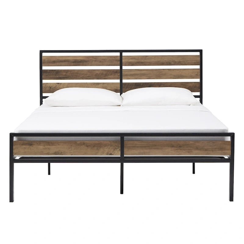 Black Metal Platform Bed with Wood Panels - Low Profile Design