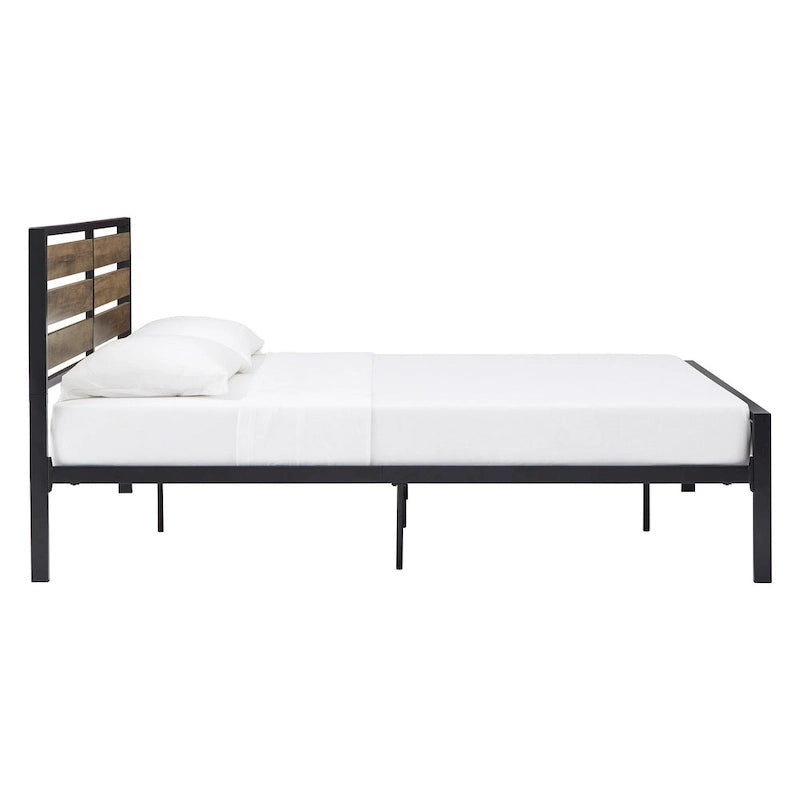 Black Metal Platform Bed with Wood Panels - Low Profile Design