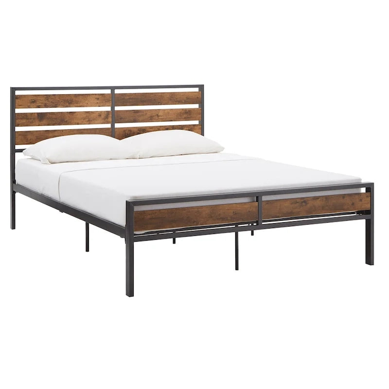 Black Metal Platform Bed with Wood Panels - Low Profile Design