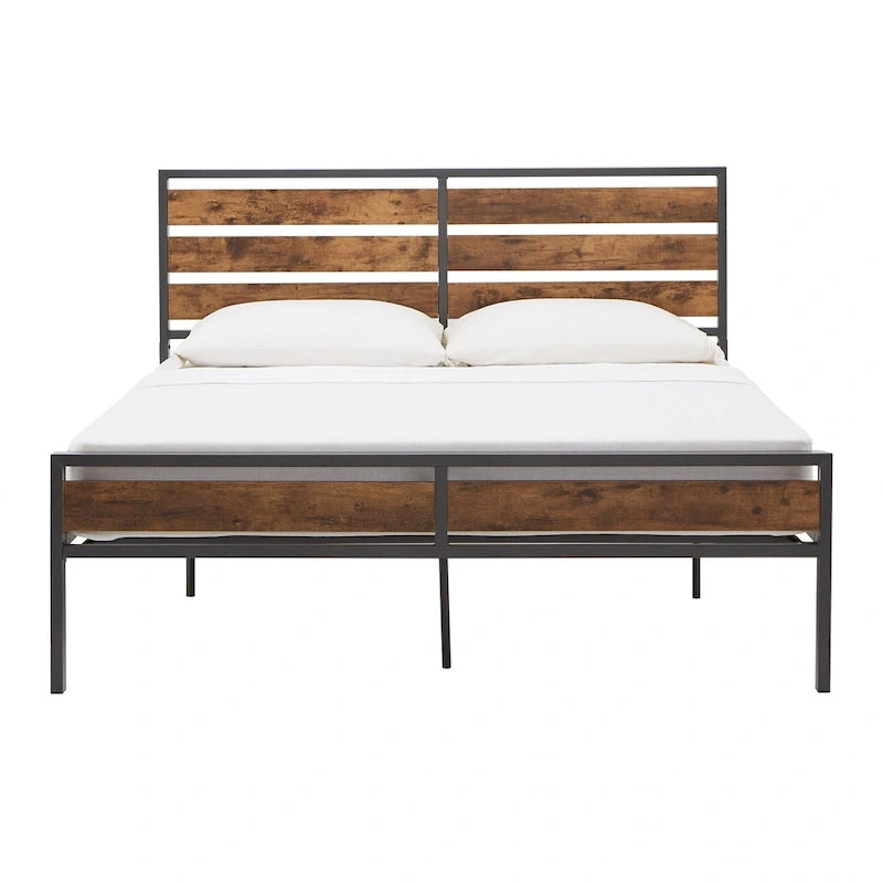 Black Metal Platform Bed with Wood Panels - Low Profile Design