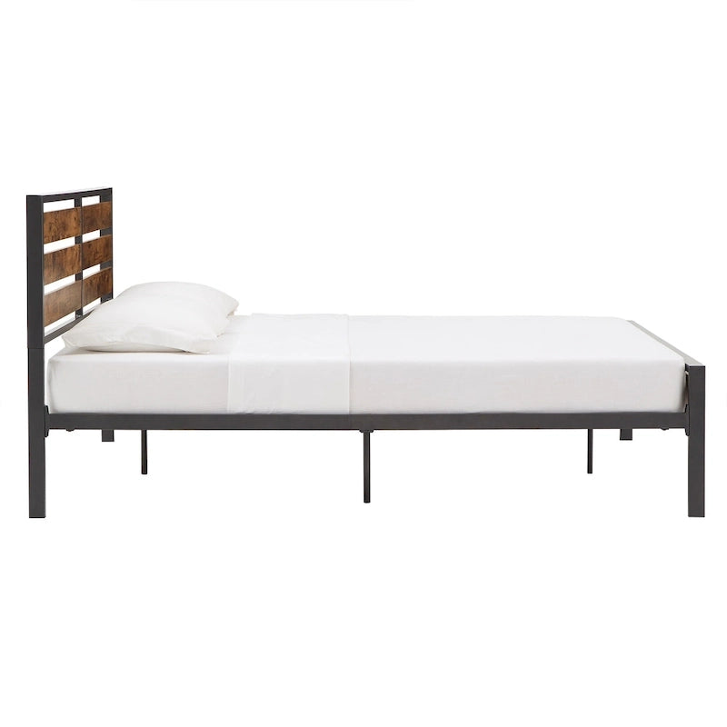 Black Metal Platform Bed with Wood Panels - Low Profile Design