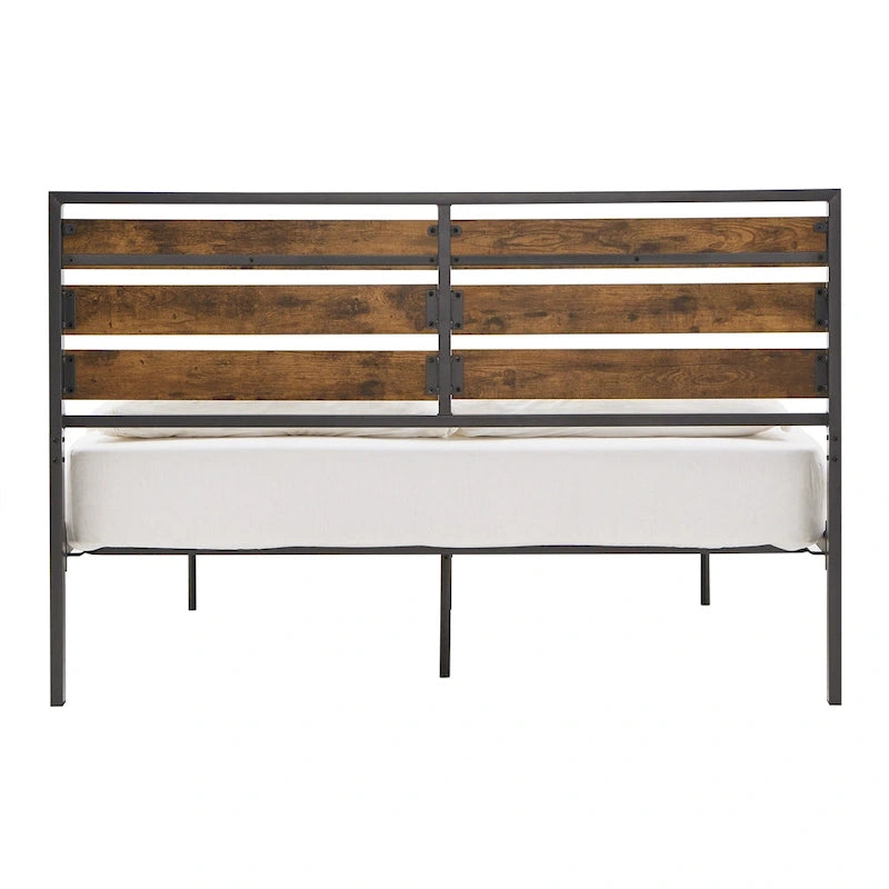 Black Metal Platform Bed with Wood Panels - Low Profile Design