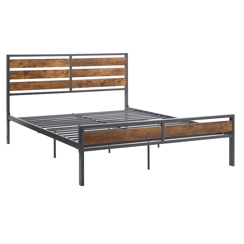 Black Metal Platform Bed with Wood Panels - Low Profile Design