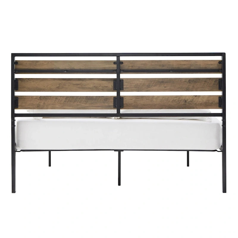 Black Metal Platform Bed with Wood Panels - Low Profile Design