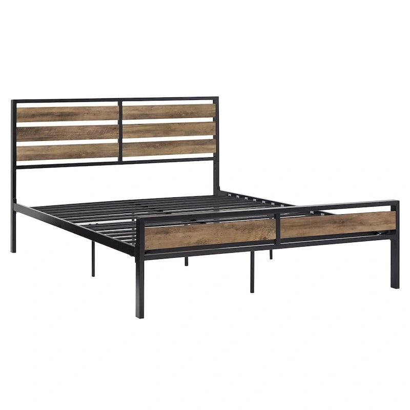 Black Metal Platform Bed with Wood Panels - Low Profile Design