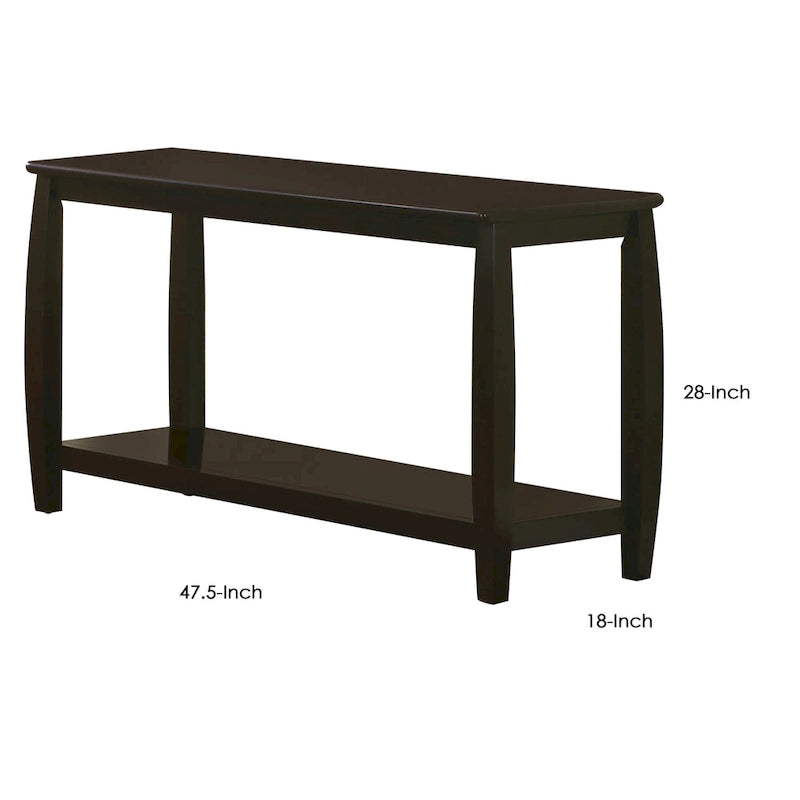 Contemporary Style Solid Wood Sofa Table With Slightly Rounded Shape, Dark Brown