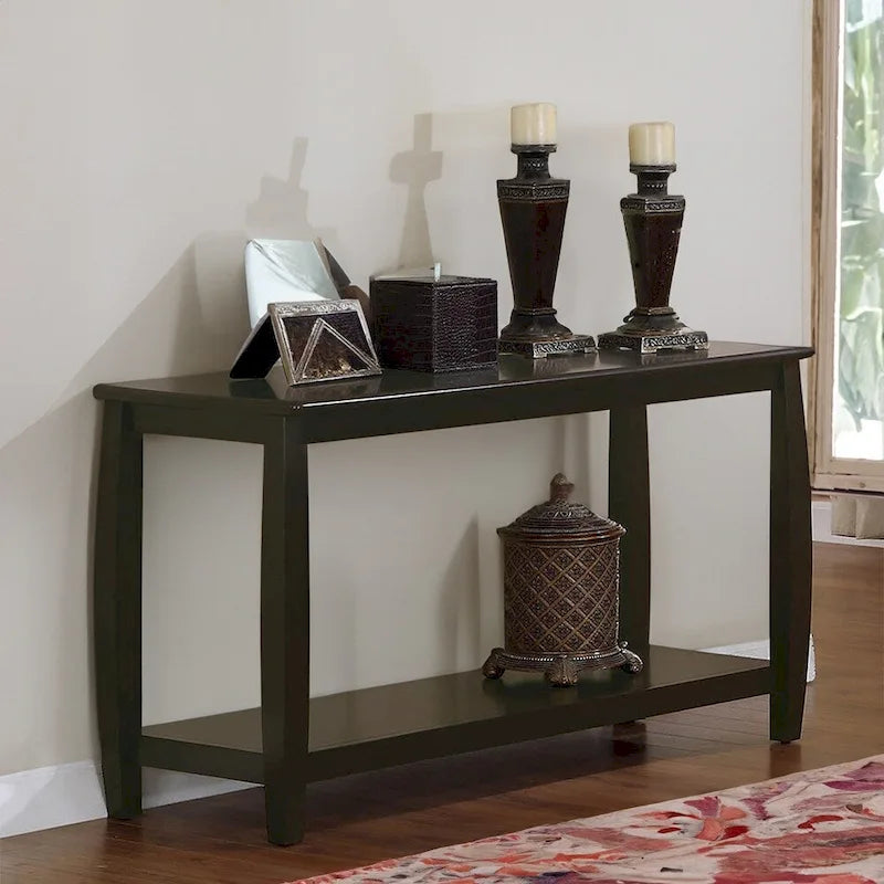 Contemporary Style Solid Wood Sofa Table With Slightly Rounded Shape, Dark Brown