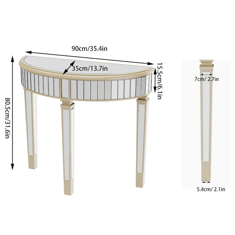 Silver Mirrored Half Moon Console Table Sofa Table - 35.4x31.6 inch