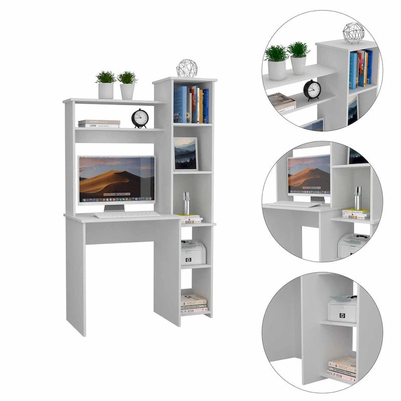 Writing Desk with 6-Shelf Bookcase, Laptop Table, Built-in Cabinet