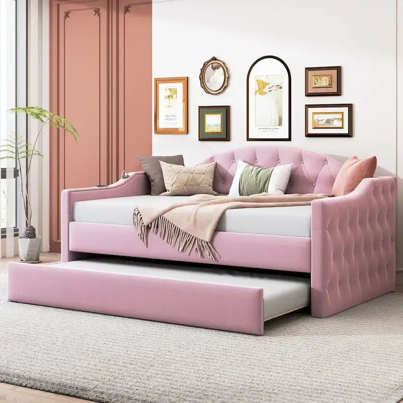 Twin Size Tufted Upholstered Daybed with Trundle ,Velvet Sofabed with USB&Type-C Charging Ports,No Box-spring Needed