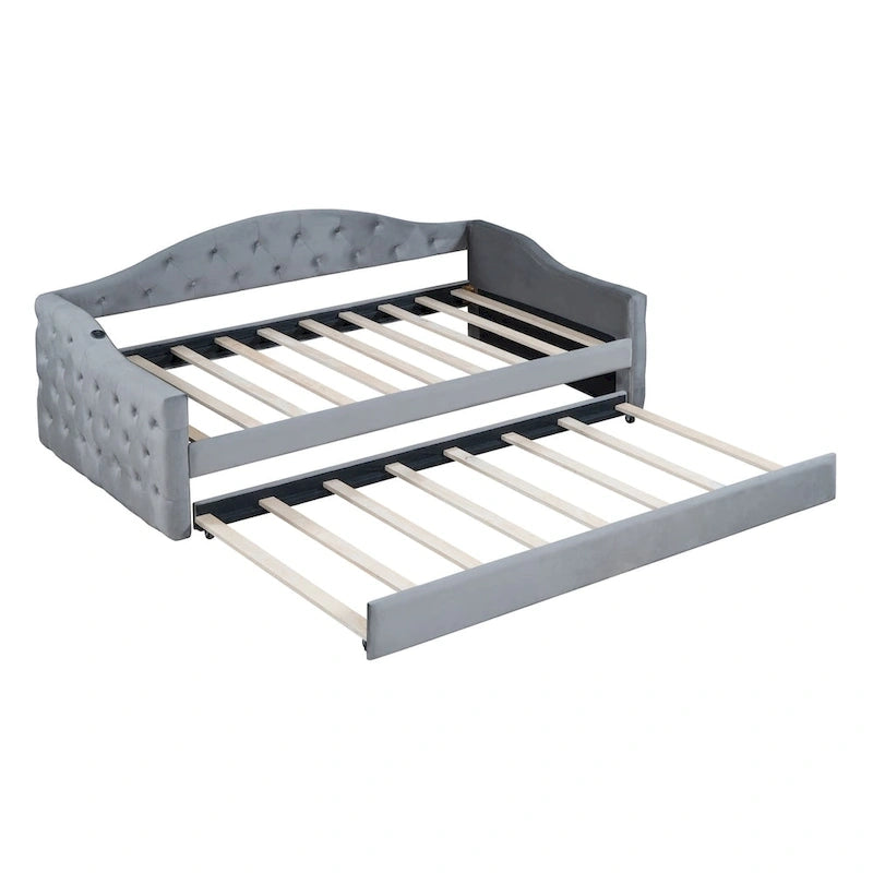 Twin Size Tufted Upholstered Daybed with Trundle ,Velvet Sofabed with USB&Type-C Charging Ports,No Box-spring Needed