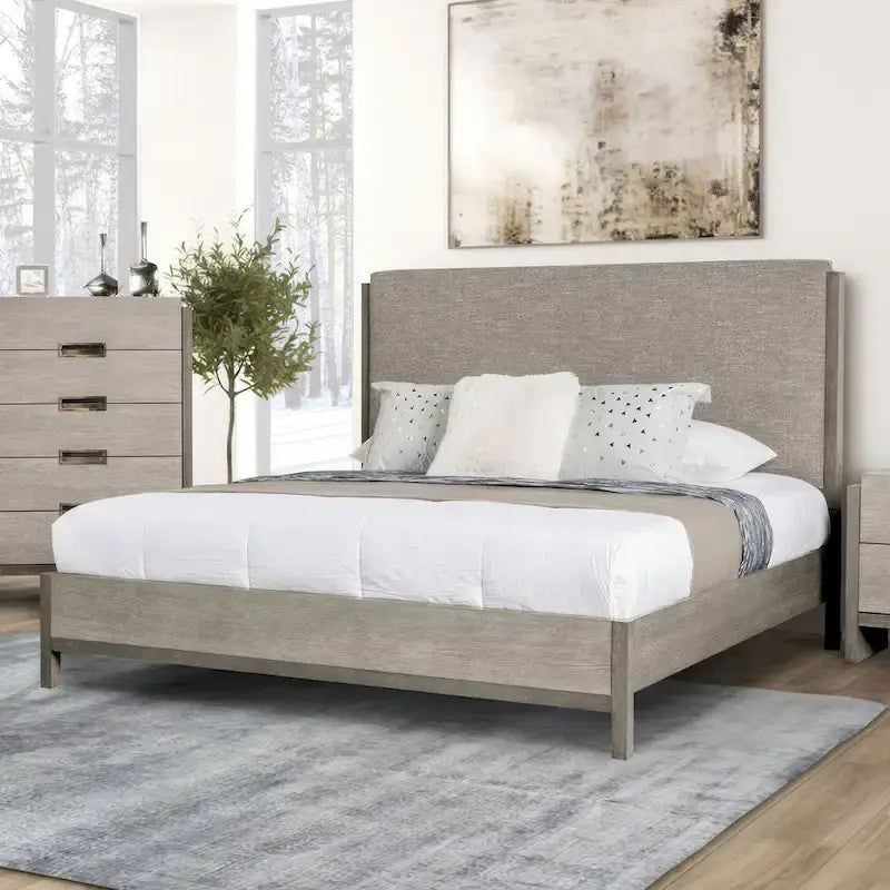 Furniture of America Cruz Contemporary Gray Solid Wood Panel 5-Piece Bed, 2 Nightstand, Dresser and Mirror Bedroom Set