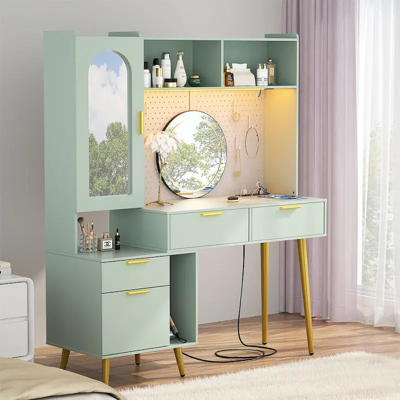 Makeup Vanity with Pegboard and Hutch, Bedroom Vanity Table with Charge Station and LED Light - N/A