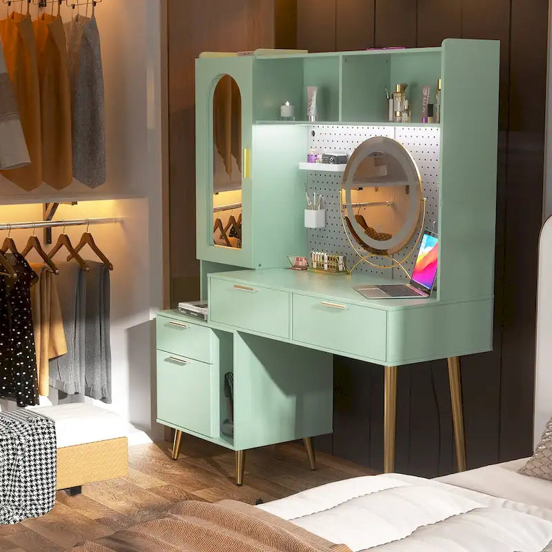 Makeup Vanity with Pegboard and Hutch, Bedroom Vanity Table with Charge Station and LED Light - N/A
