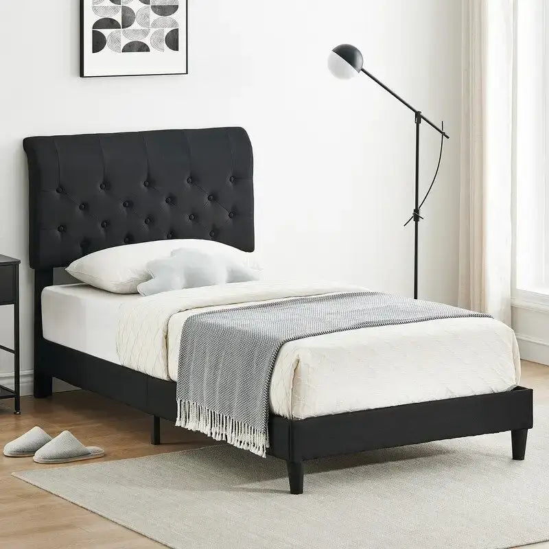 Twin Size Bed Frame with Curved Upholstered Headboard