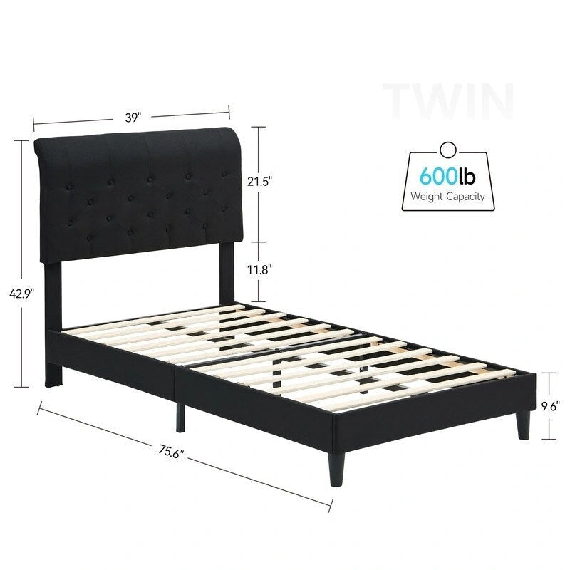 Twin Size Bed Frame with Curved Upholstered Headboard