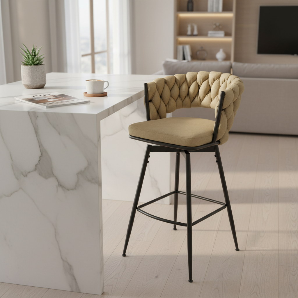 Swivel Upholstered Bar Stools with Back Footrest (Set of 2) - N/A