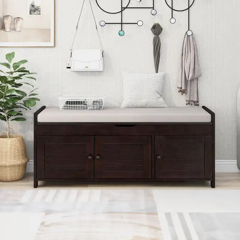 Storage Bench with 3 Shutter-shaped Doors, Shoe Bench with Removable Cushion and Hidden Storage Space