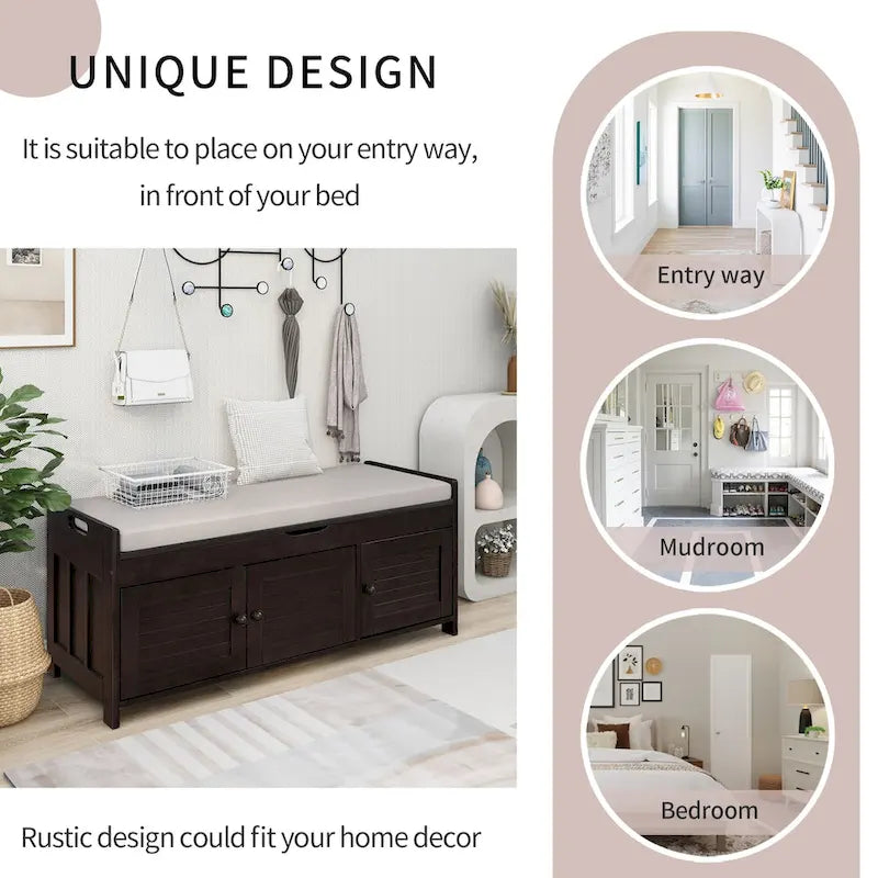 Storage Bench with 3 Shutter-shaped Doors, Shoe Bench with Removable Cushion and Hidden Storage Space