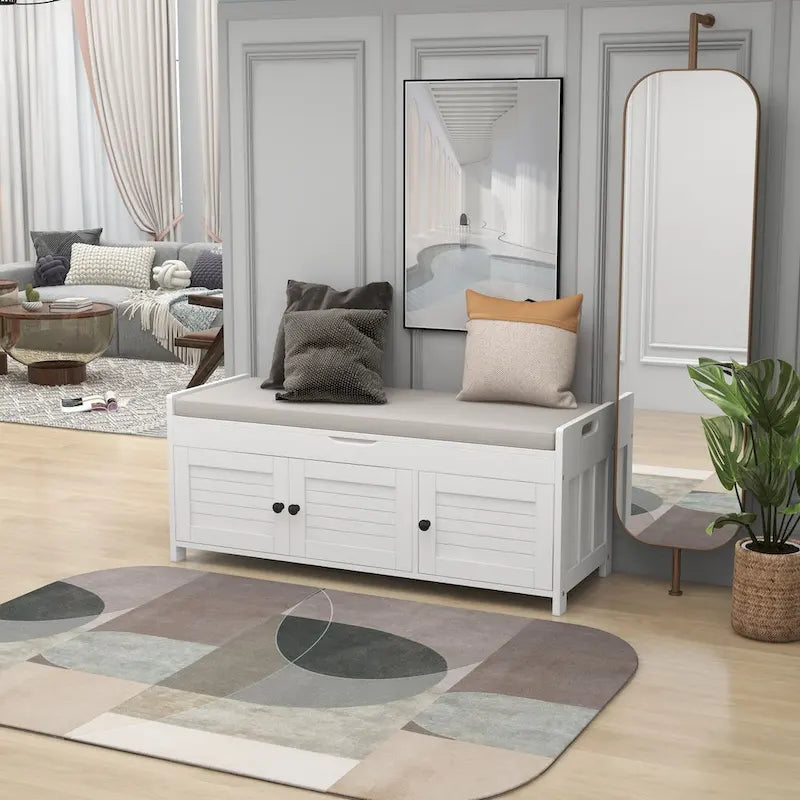 Storage Bench with 3 Shutter-shaped Doors, Shoe Bench with Removable Cushion and Hidden Storage Space