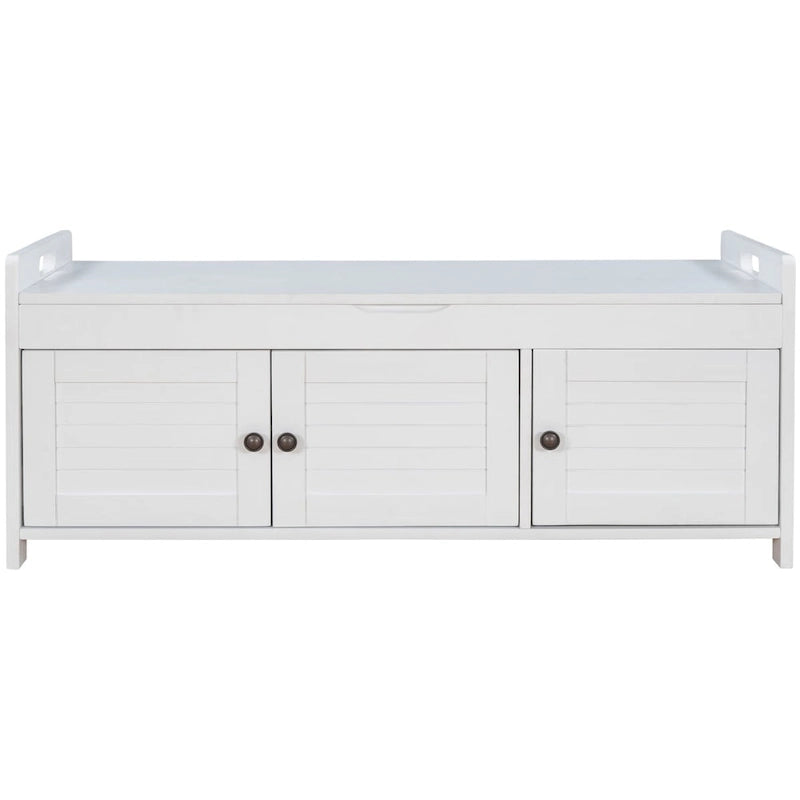 Storage Bench with 3 Shutter-shaped Doors, Shoe Bench with Removable Cushion and Hidden Storage Space