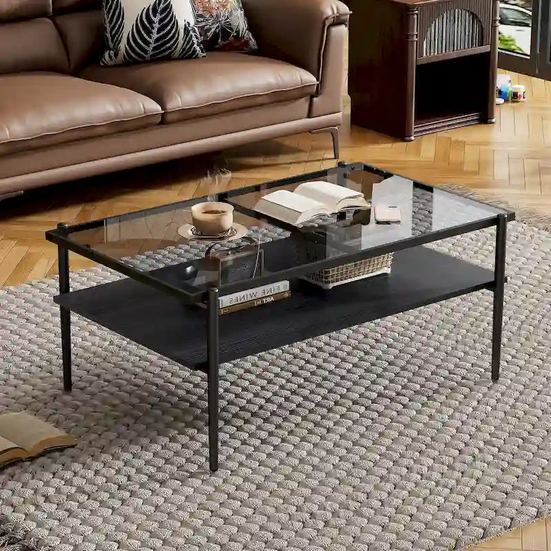 Rectangle Coffee Table with Tempered Glass top,Modern Table for Living Room