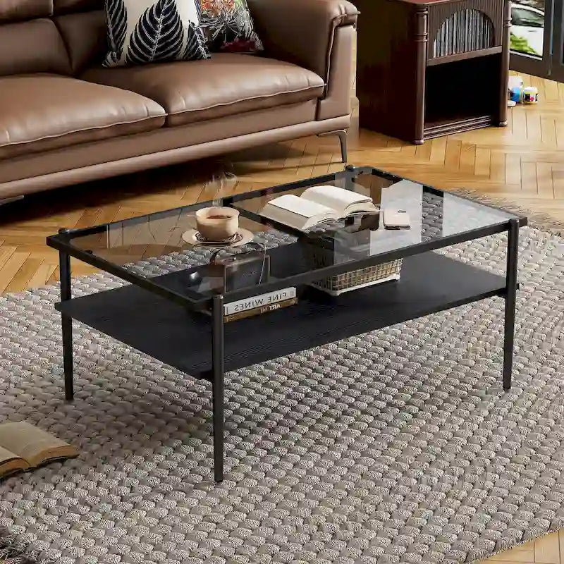 Rectangle Coffee Table with Tempered Glass top,Modern Table for Living Room