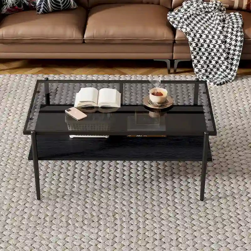 Rectangle Coffee Table with Tempered Glass top,Modern Table for Living Room