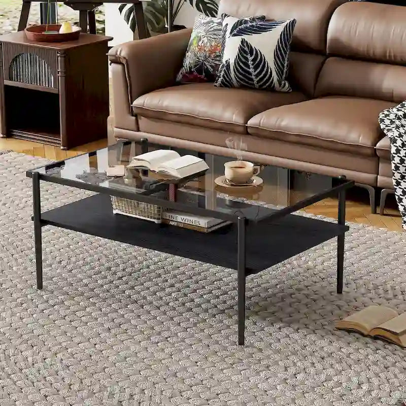 Rectangle Coffee Table with Tempered Glass top,Modern Table for Living Room