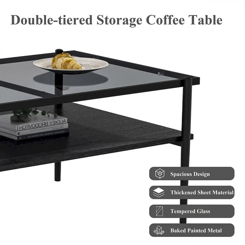Rectangle Coffee Table with Tempered Glass top,Modern Table for Living Room